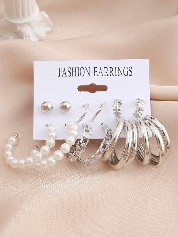6pairs Faux Pearl Decor Earrings - Silver - FD ⚡