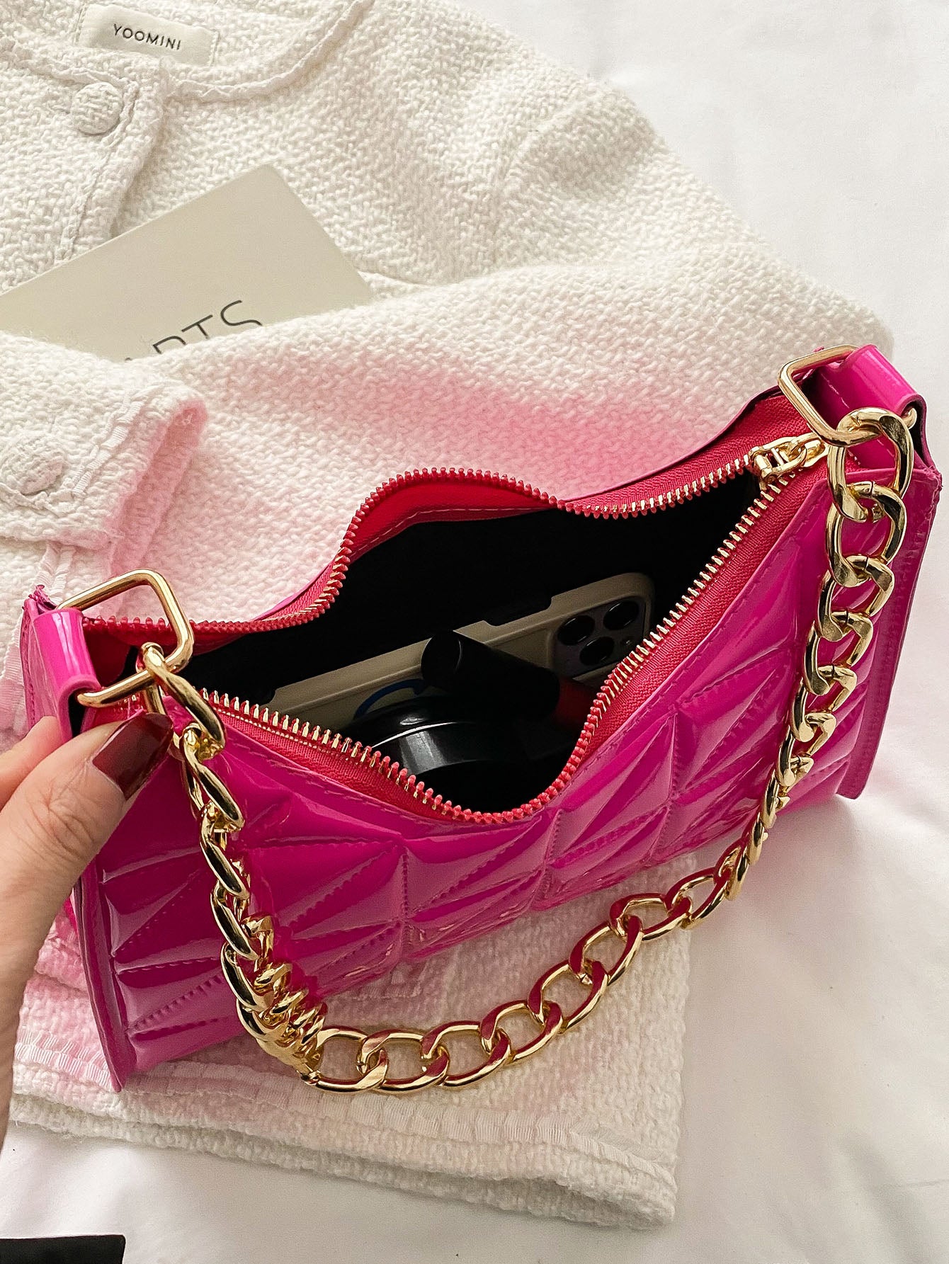 Pink Quilted Pattern Baguette Bag -  Hot Pink - FD ⚡