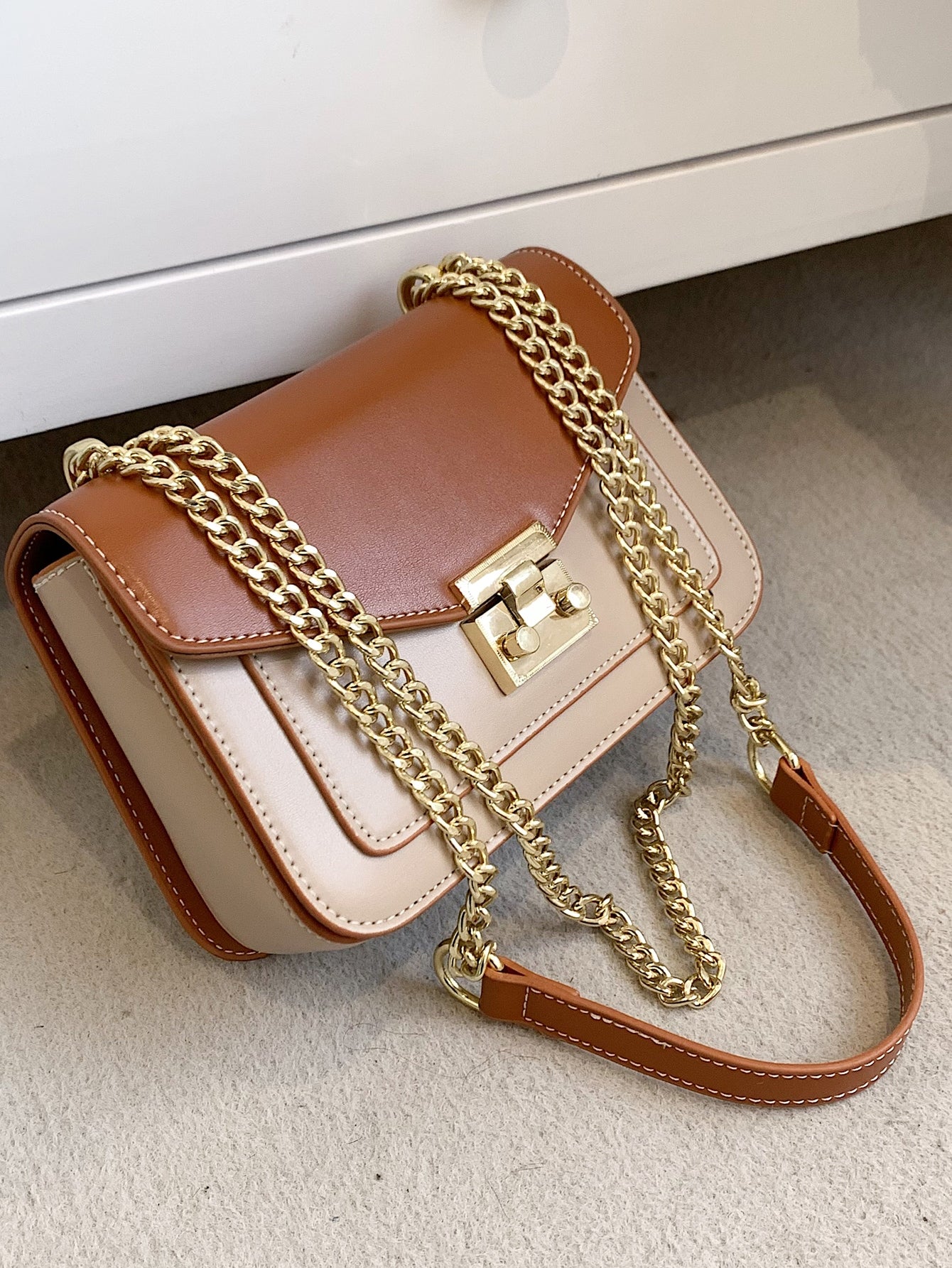 Brown Chain Strap Genuine Leather Small Square Shoulder Bag For