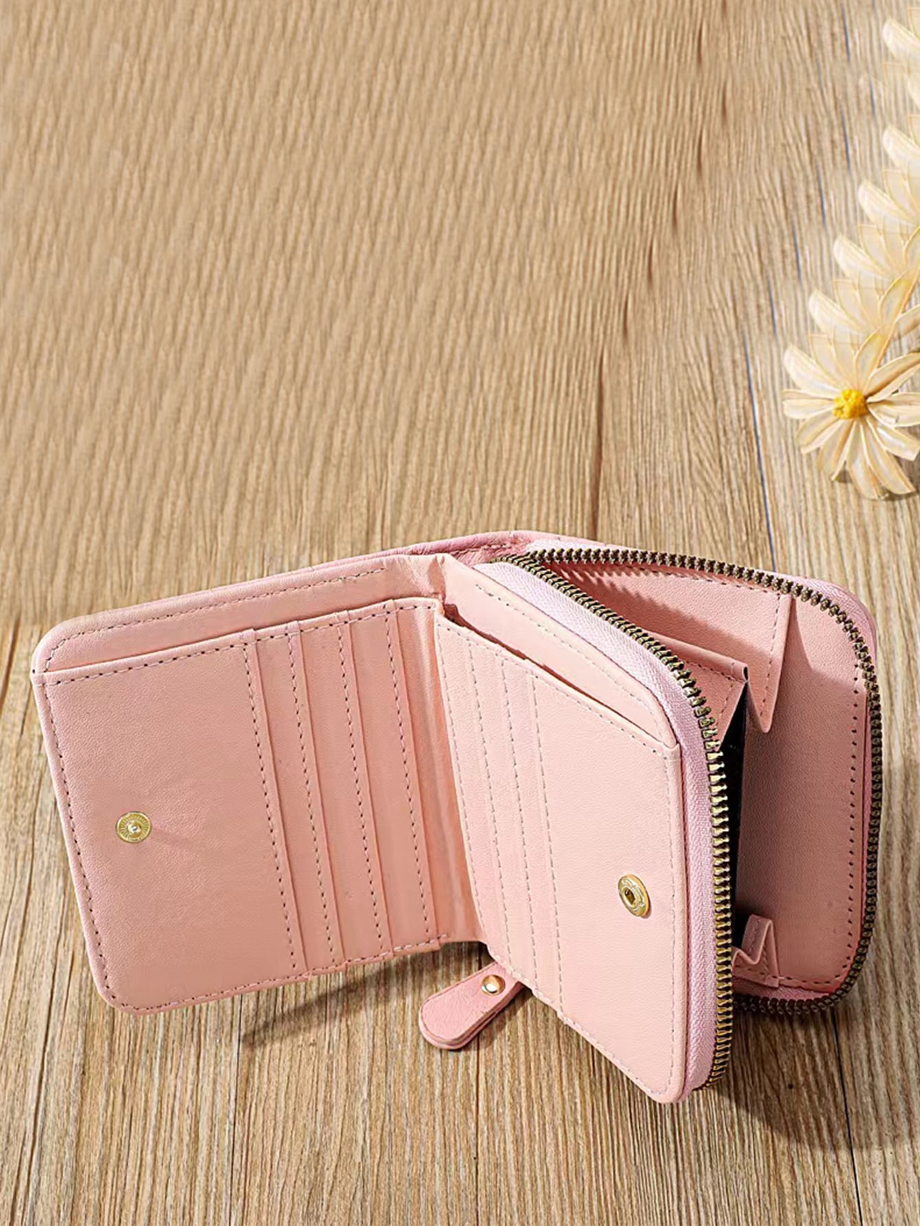 Quilted Zipper Around Small Wallet  - Pink - FD ⚡