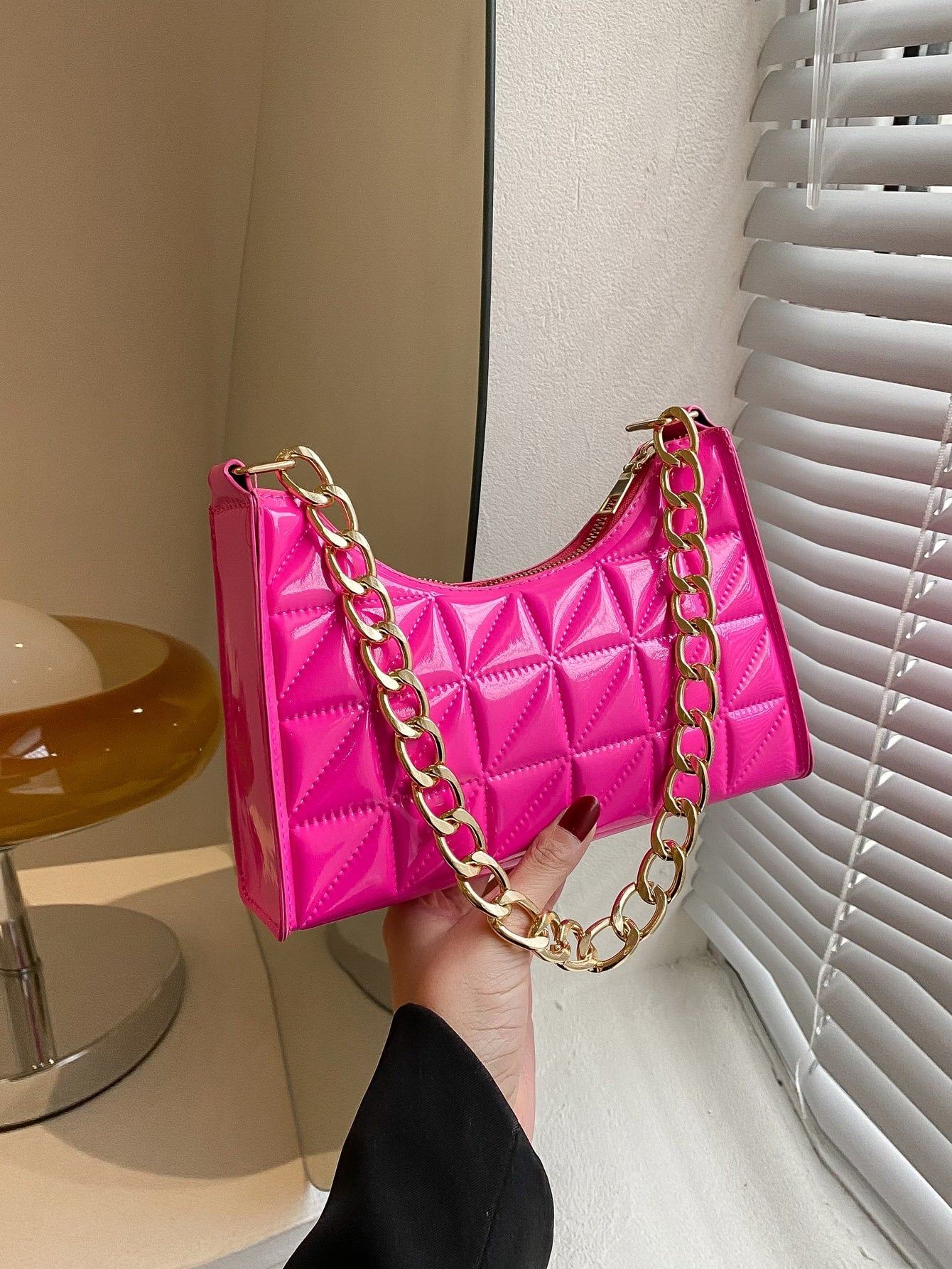 Pink Quilted Pattern Baguette Bag -  Hot Pink - FD ⚡