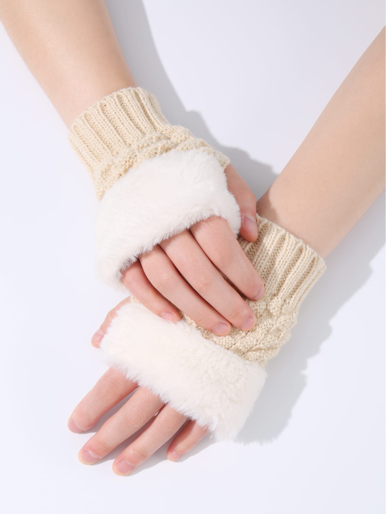 Fluffy Trim Fingerless Gloves  - Beige - FD ⚡