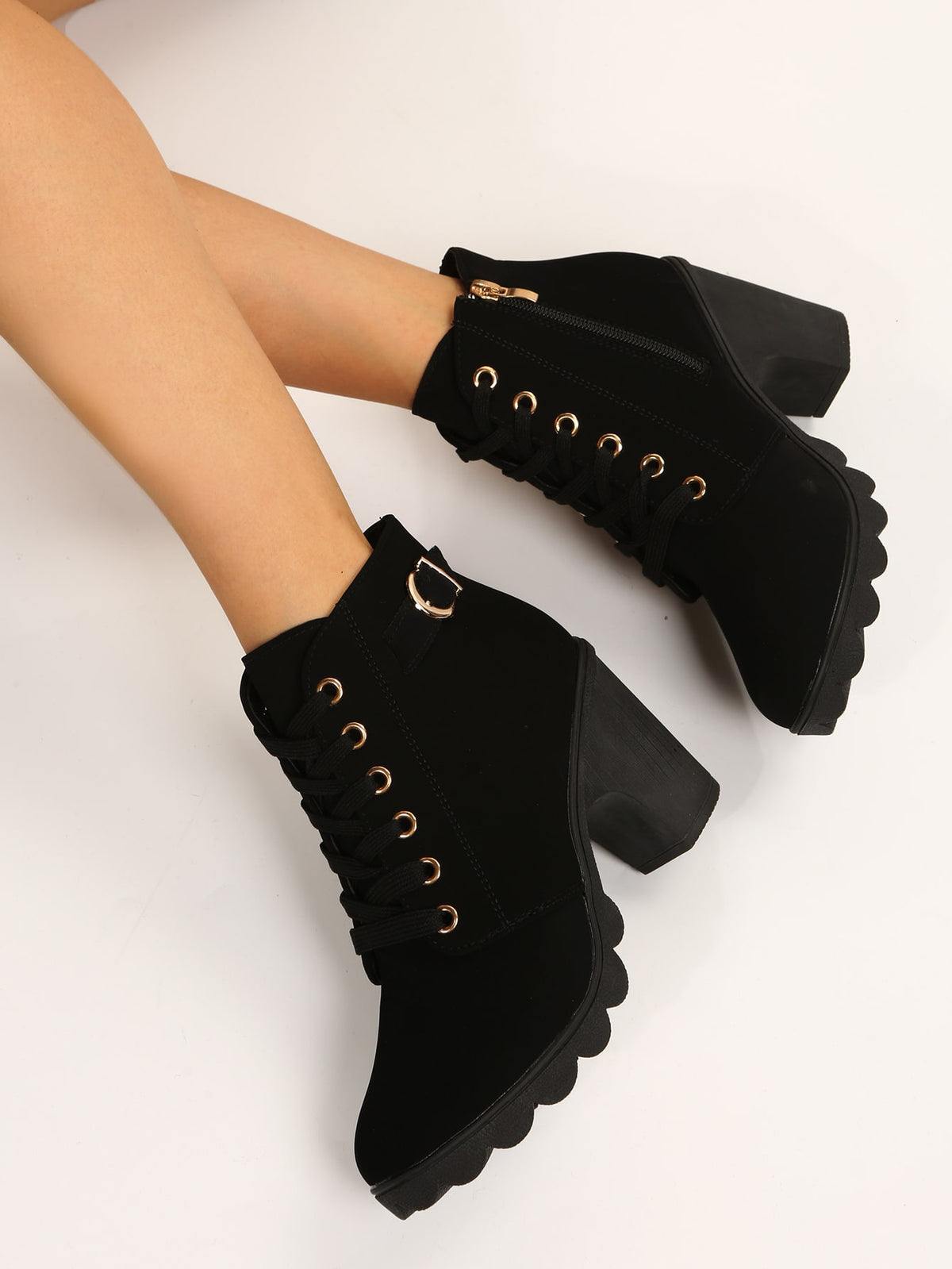 12 Wholesale Women Biker Boots Leather Chunky Heel Combat Military Fashion  Winter Booties Color Black Assorted Size - at - wholesalesockdeals.com