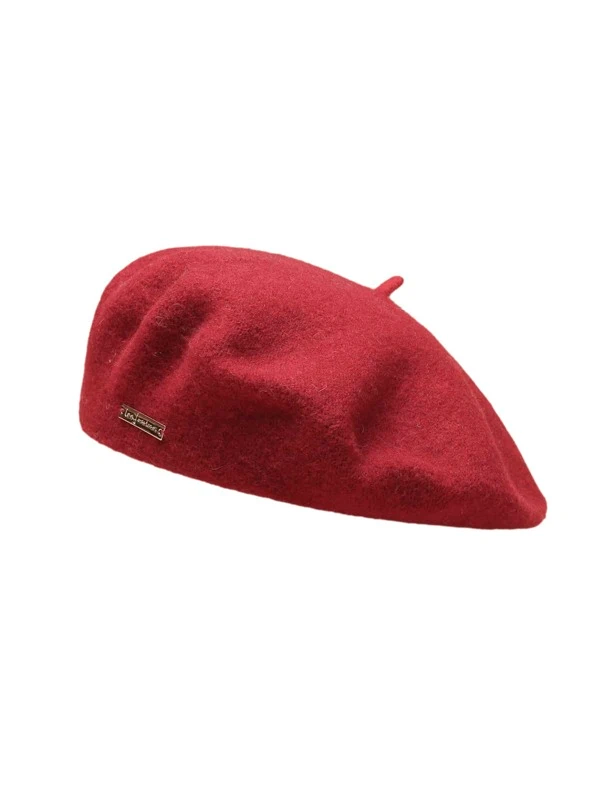 100% Wool Patch Detail Beret - Red
