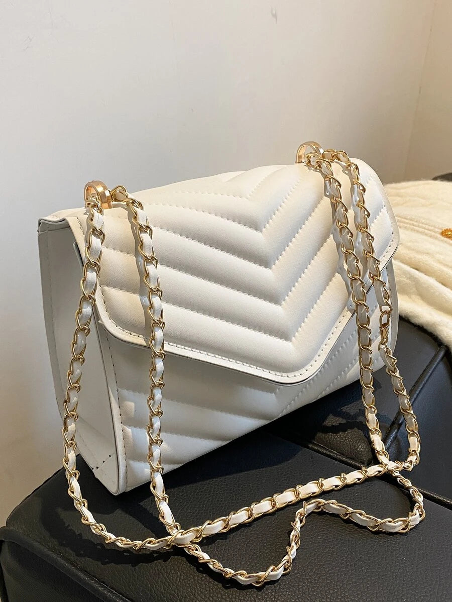 Quilted Pattern Flap Chain Square Bag - White