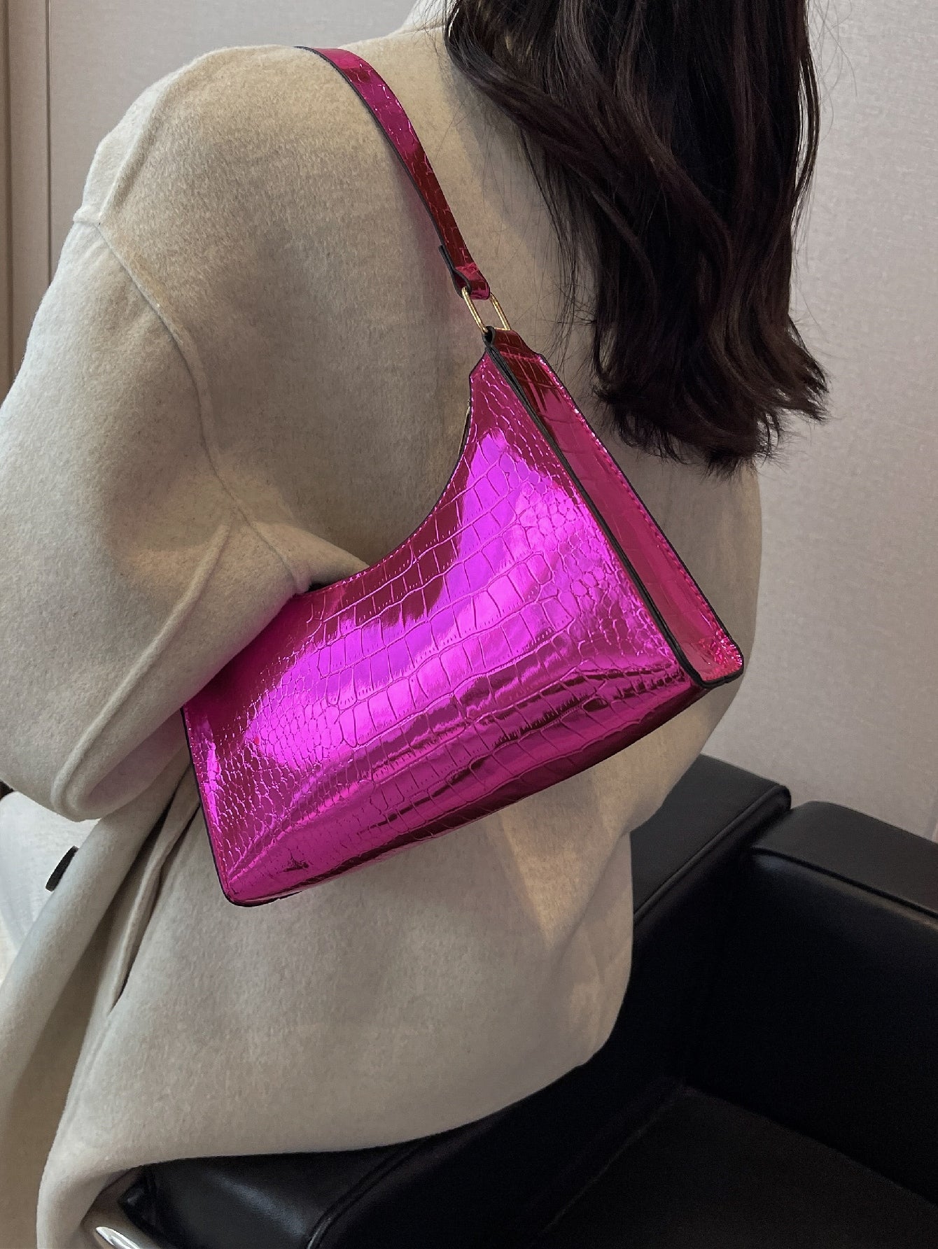 Neon Pink Baguette Bag PU Zipper Funky