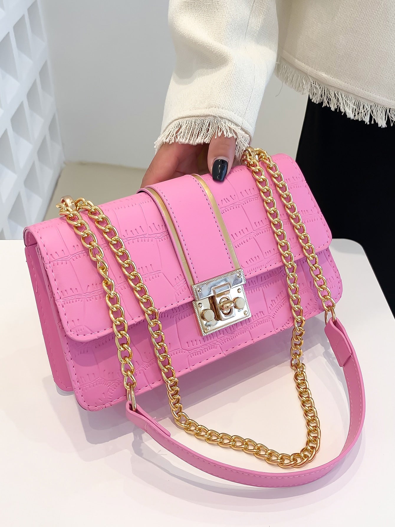 Mini Embossed Square Bag Turn-lock Hot Pink Flap Fashion