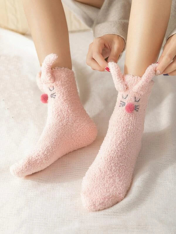 Cartoon Ear Decor Fuzzy Socks  - Pink