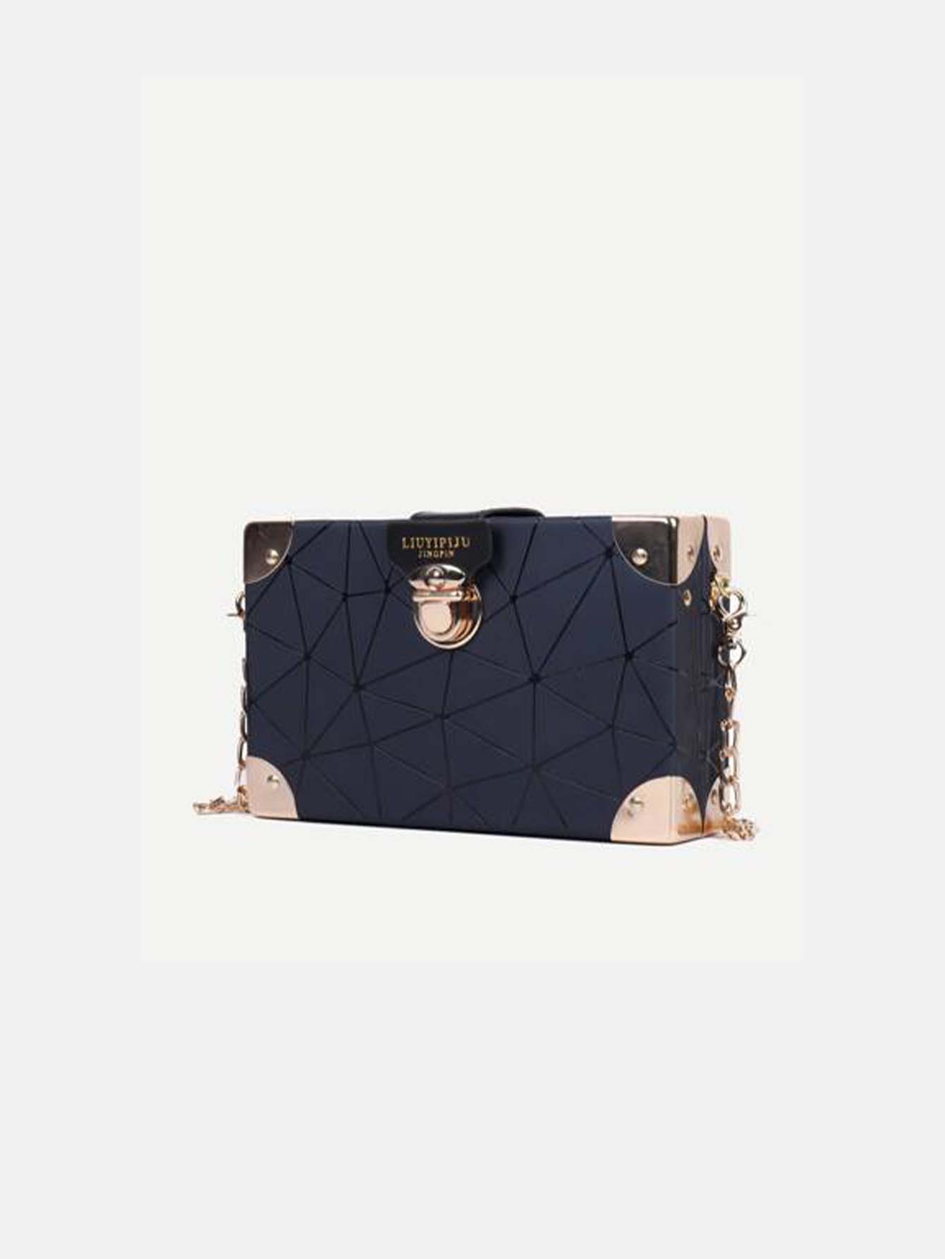 Geometric Pattern Buckle Decor Chain Box Bag - Black