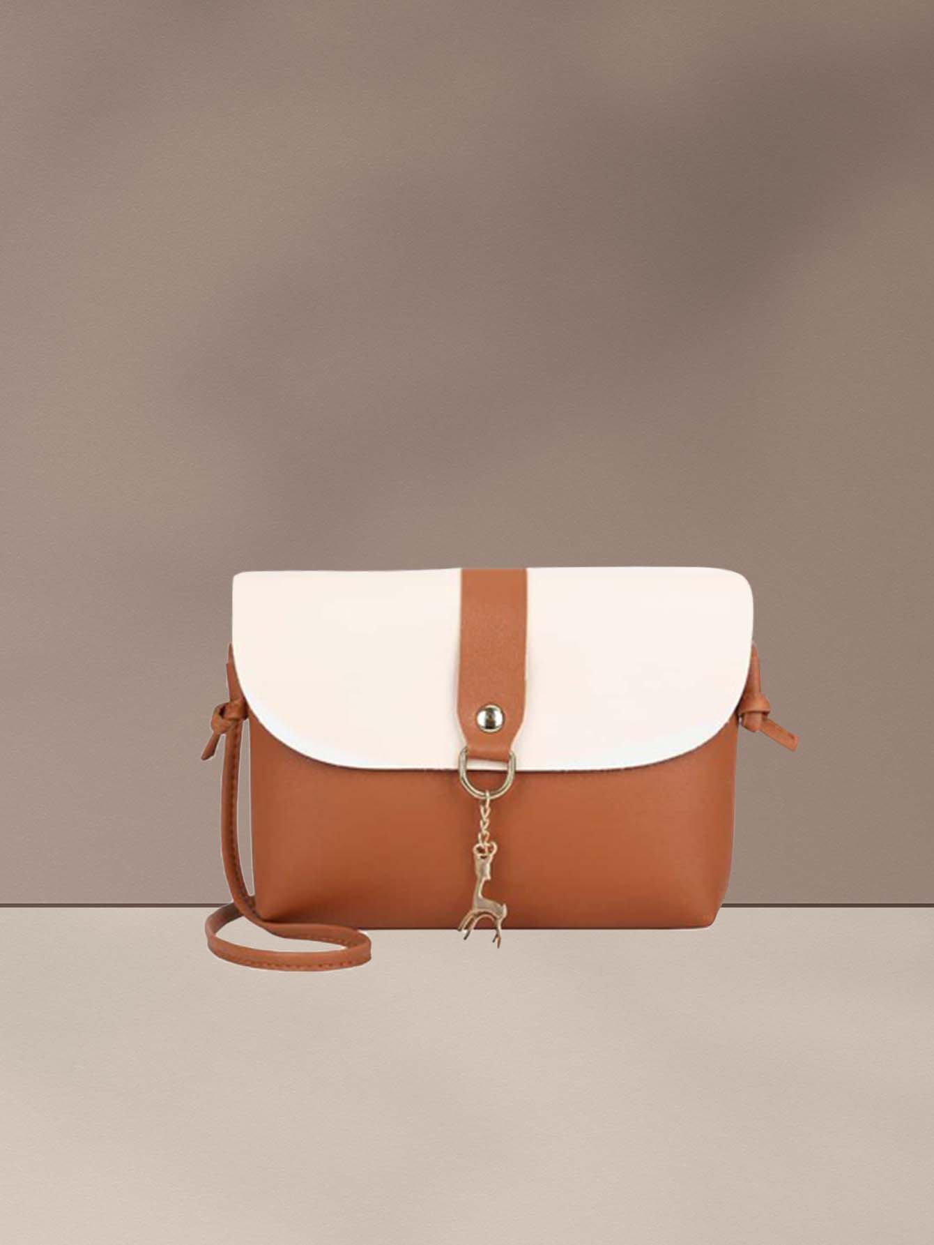 Rein Deer Charm Color Block Crossbody Bag - Beige & Brown