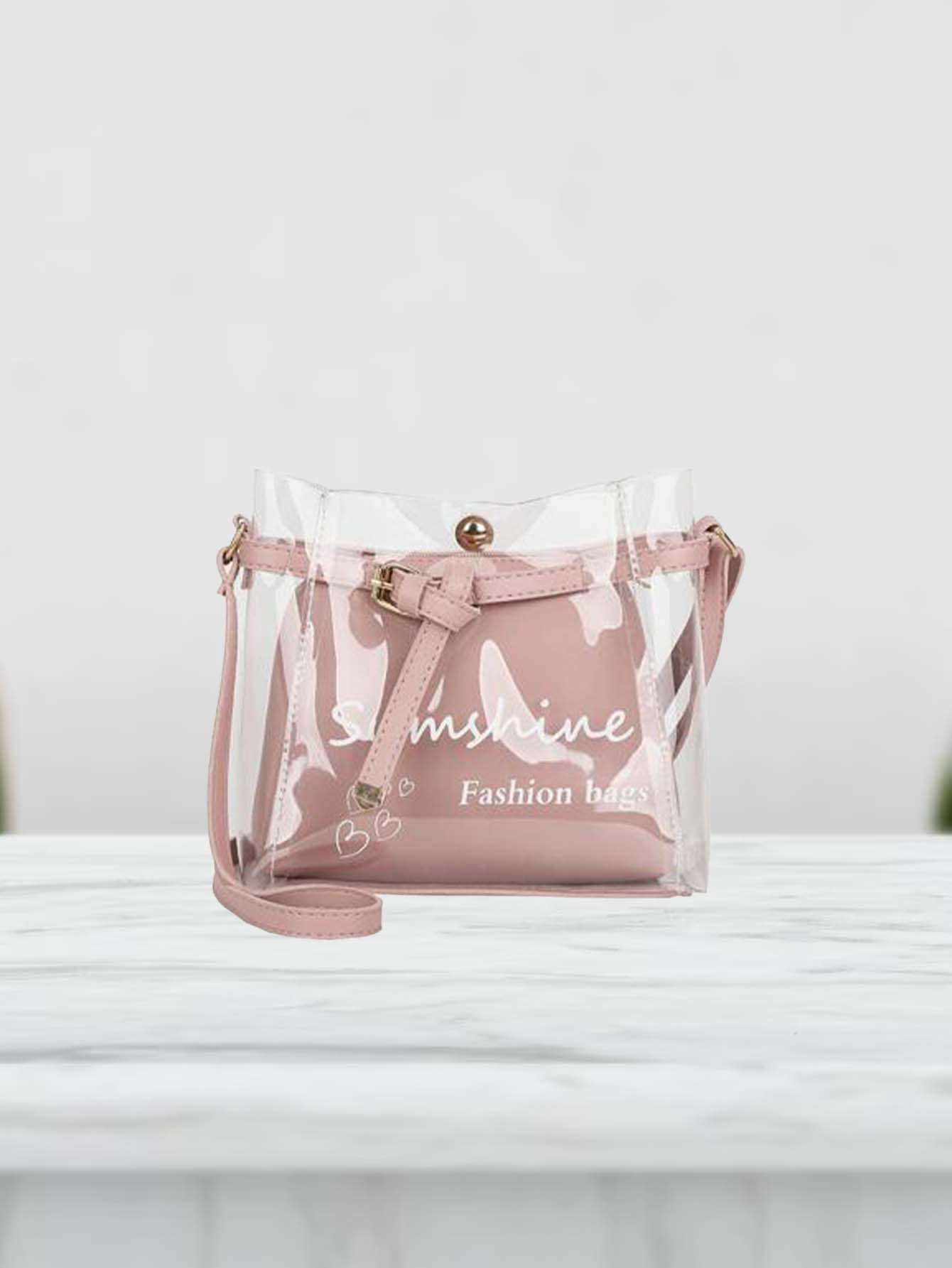 Clear Letter Graphic Strap Decor Bag With Pouch - Dusty Pink