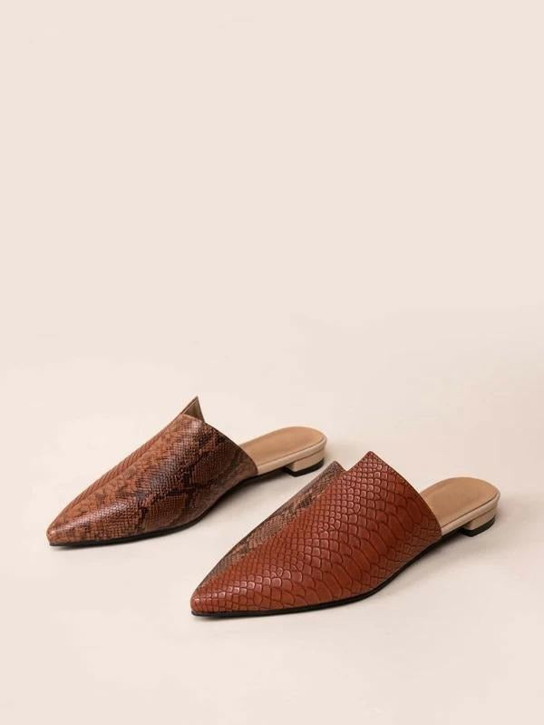 Point Toe Snakeskin Embossed Flat Mules Brown - Brown