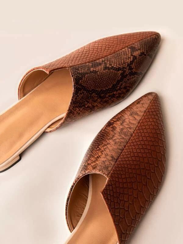 Point Toe Snakeskin Embossed Flat Mules Brown - Brown