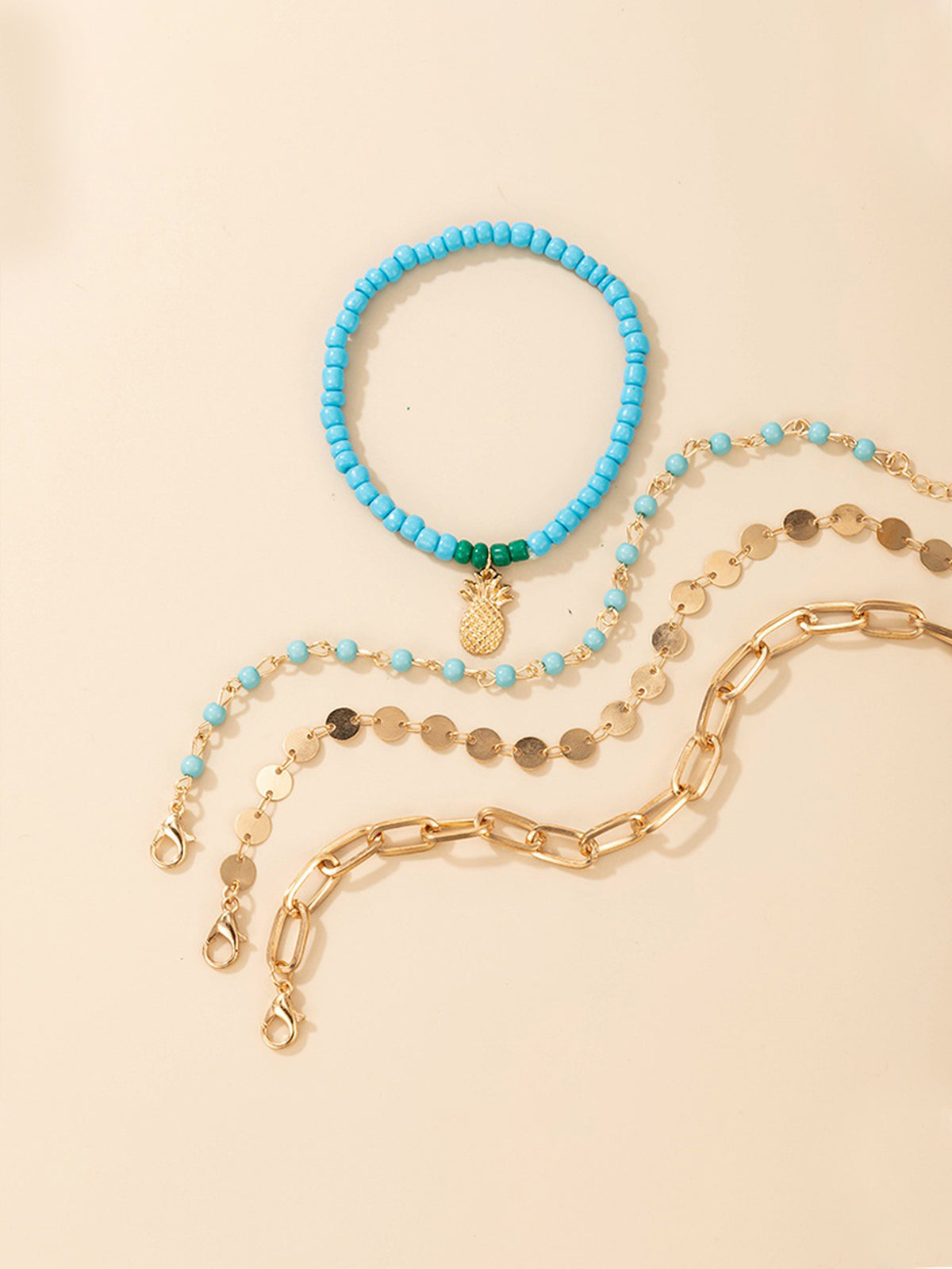 4pcs Pineapple Charm Beads Decor Anklet Set - Gold & Blue - FD ⚡