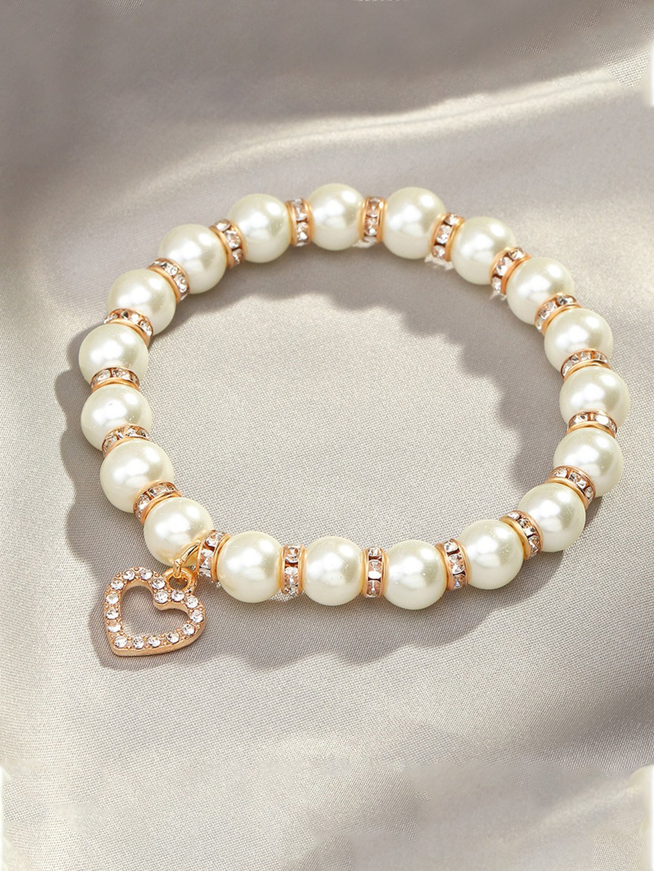 Heart Rhinestone Charm Pearl Bracelet - Gold - FD ⚡