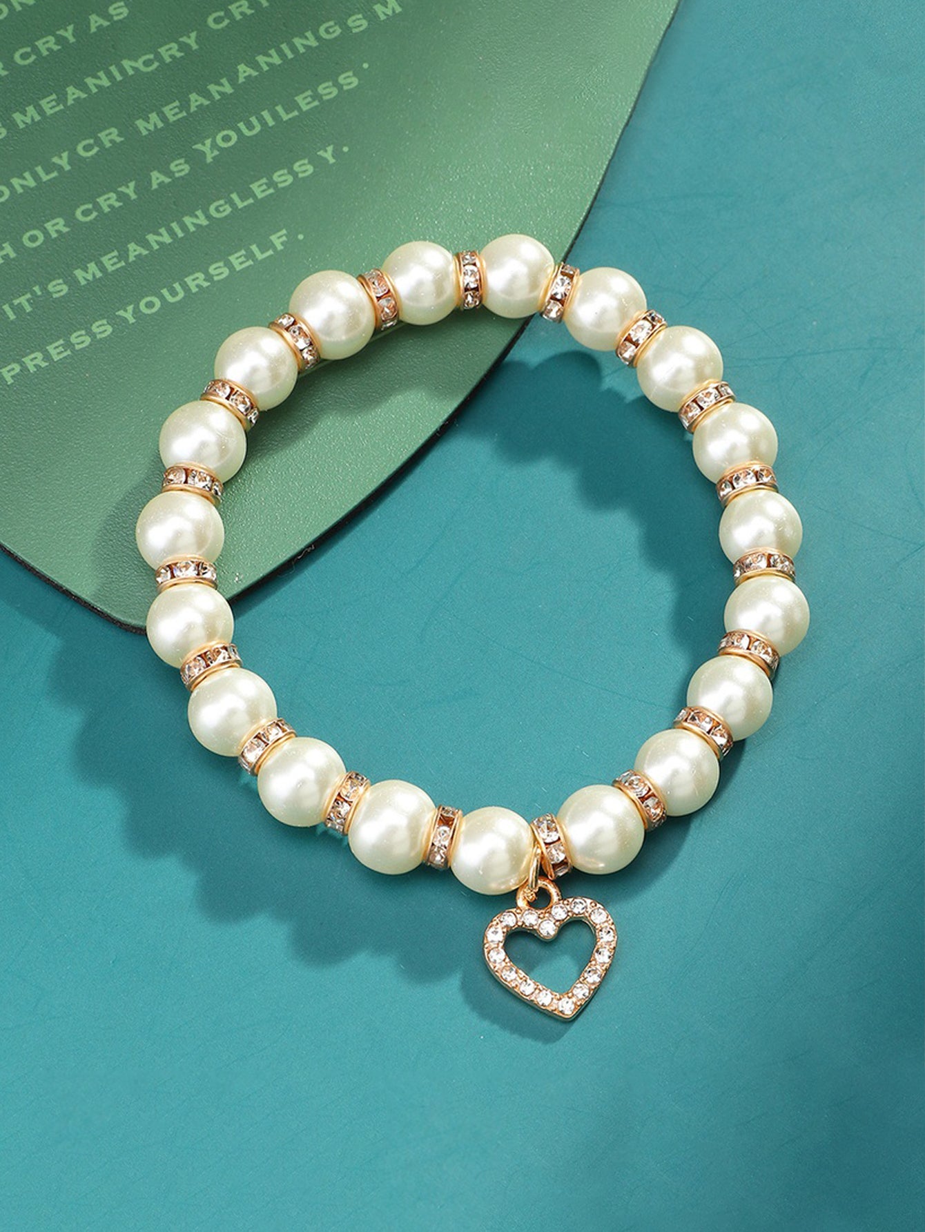 Heart Rhinestone Charm Pearl Bracelet - Gold - FD ⚡