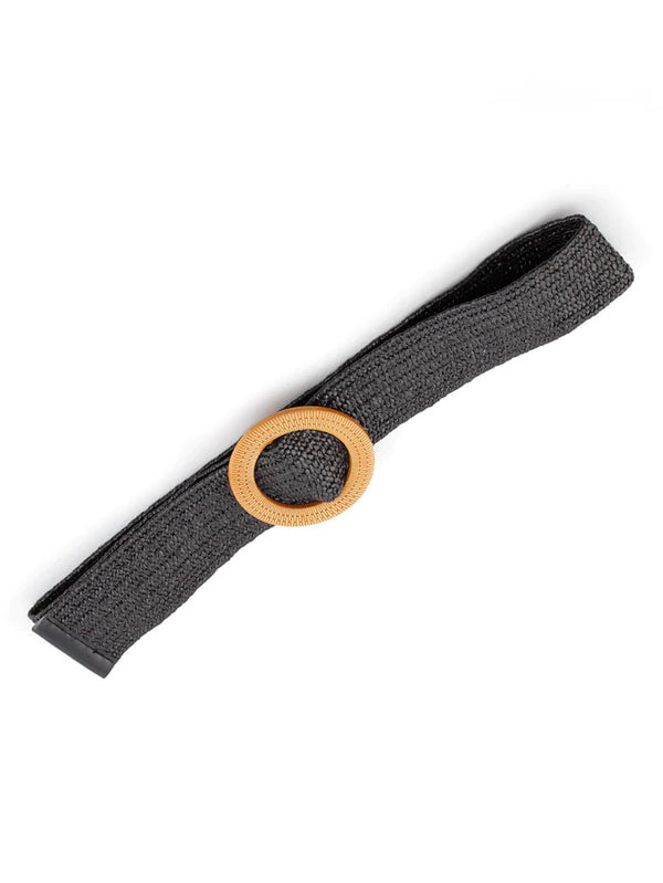 Round Buckle Woven Design Elastic Belt - Black  - FD ⚡