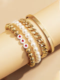 Bead & Pearl Decor Bracelet Set With Cuff 4pcs - Gold - FD ⚡