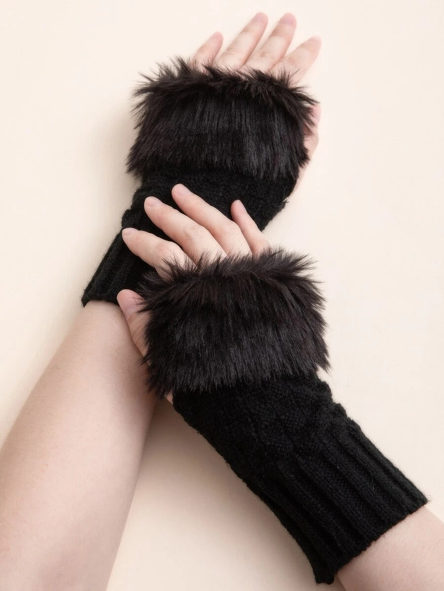 Plain Knitted Fingerless Gloves - Black - FD ⚡