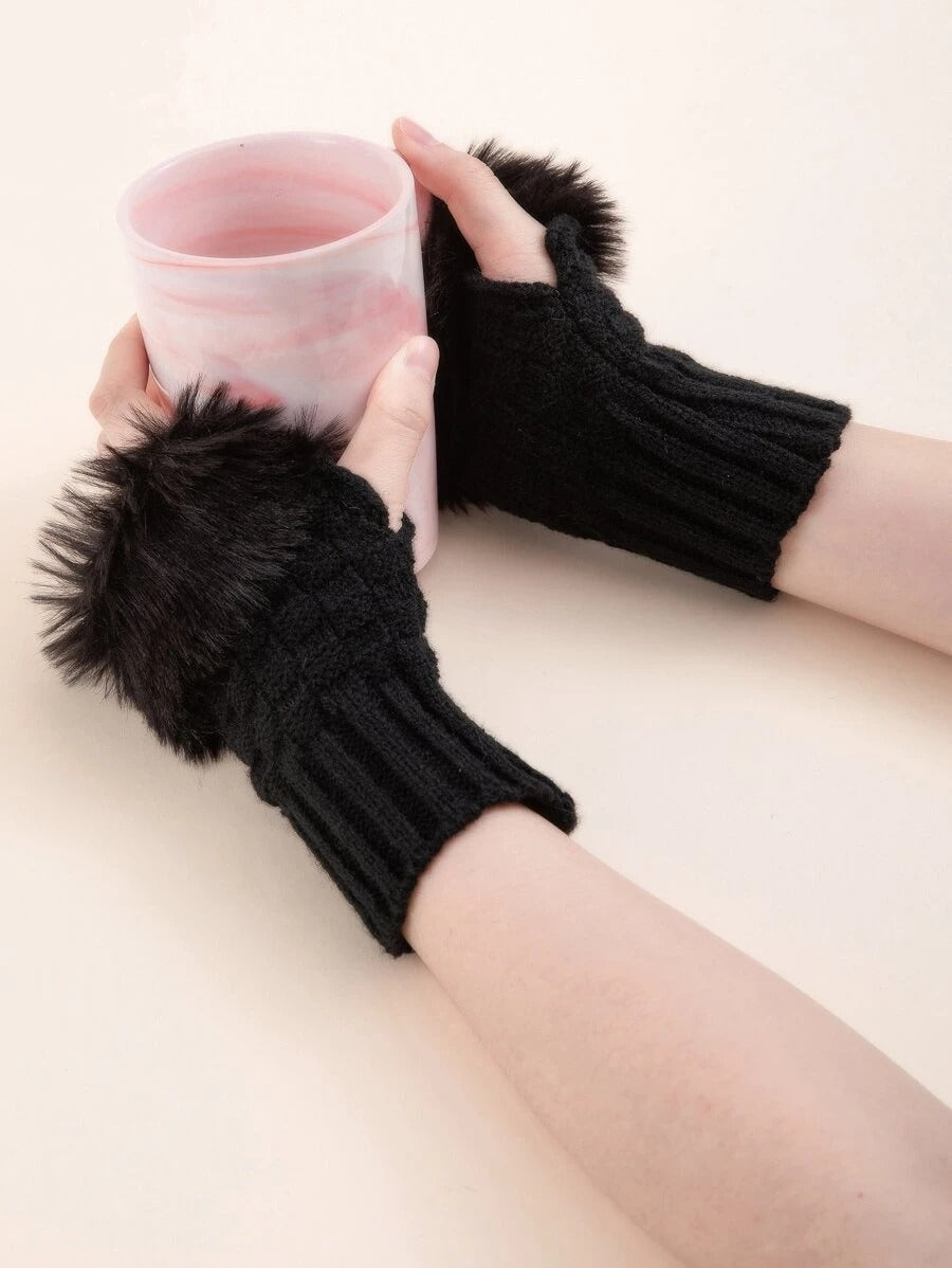 Plain Knitted Fingerless Gloves - Black - FD ⚡