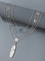 Feather & Rhinestone Charm Layered Necklace  - Silver - FD ⚡