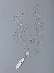 Feather & Rhinestone Charm Layered Necklace  - Silver - FD ⚡