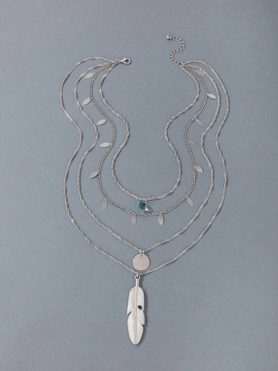 Feather & Rhinestone Charm Layered Necklace  - Silver - FD ⚡