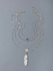 Feather & Rhinestone Charm Layered Necklace  - Silver - FD ⚡