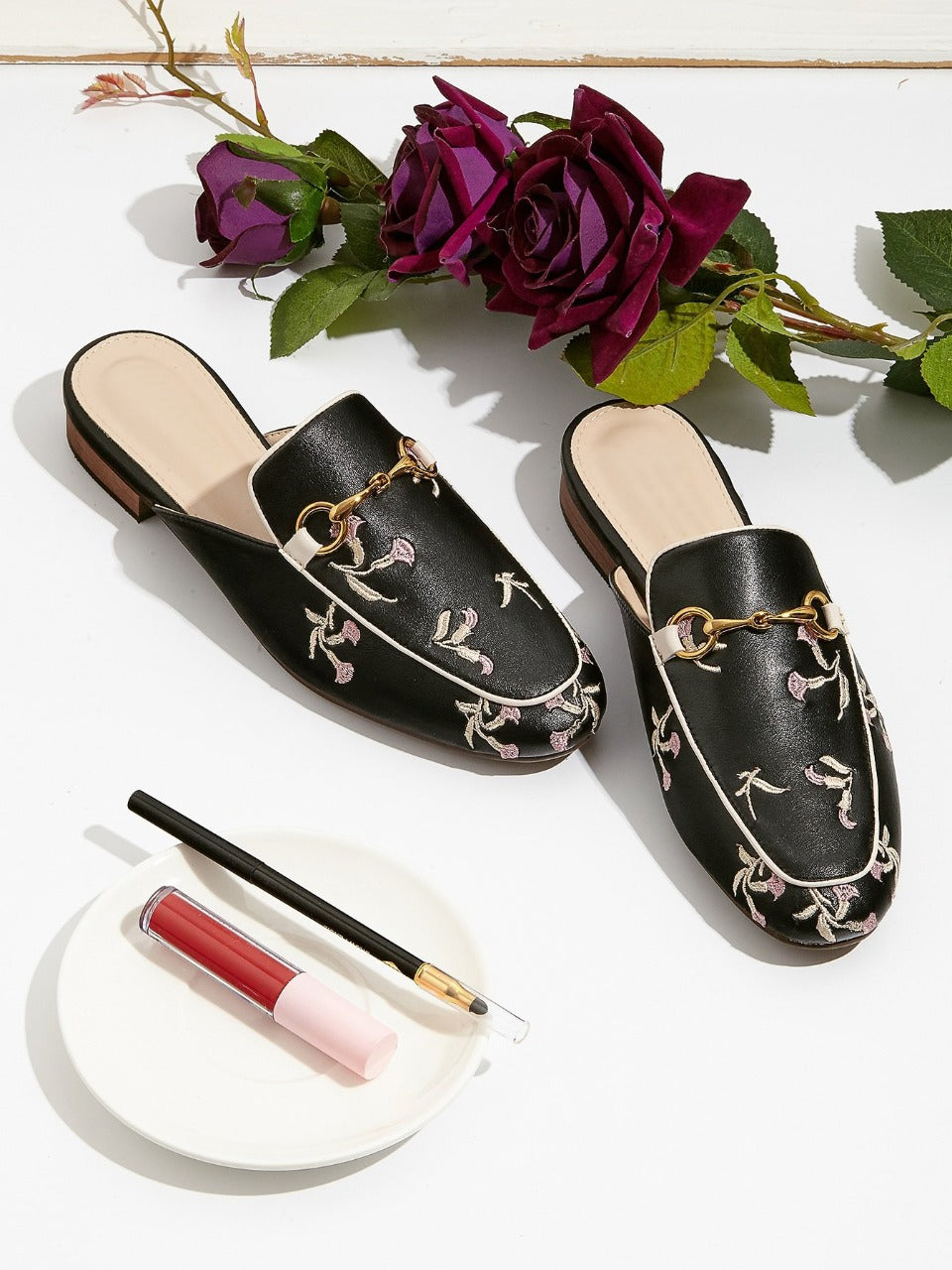 Floral Embroidery Loafer Mules - Black