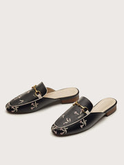 Floral Embroidery Loafer Mules - Black