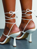 Toe Post Tie Leg Heeled Sandals - White  - FD ⚡