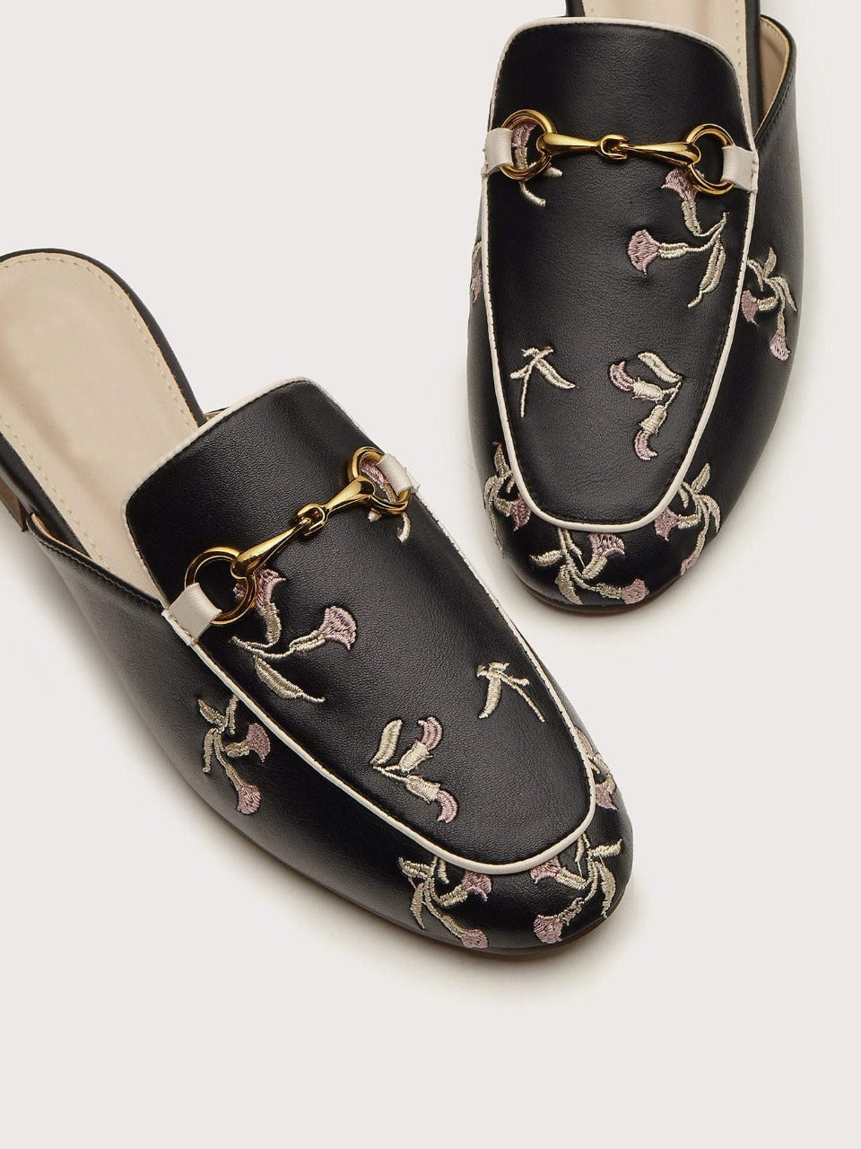 Floral Embroidery Loafer Mules - Black - FD ⚡