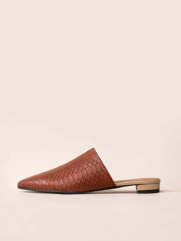 Point Toe Snakeskin Embossed Flat Mules Brown - Brown