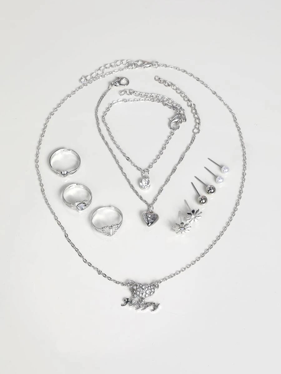 12pcs Rhinestone Decor Jewelry Set - Silver